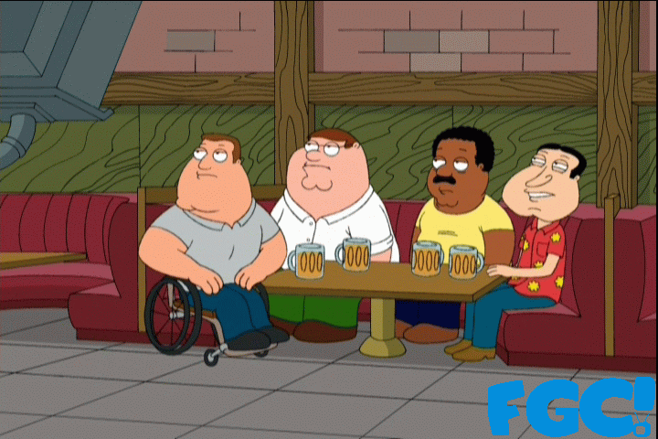 Family Guy Peter, Joe, Cleveland and Quagmire at the Drunken Clam